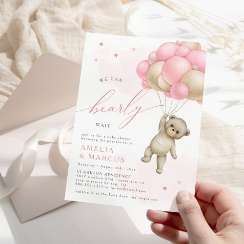 We Can Bearly Wait Teddy Bear Baby Girl Shower Invitation