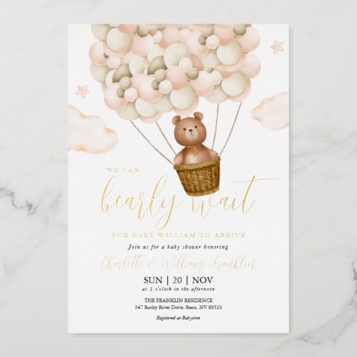 We Can Bearly Wait Teddy Bear Baby Shower Gold Foil Invitation