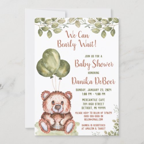 We Can Bearly Wait  Teddy Bear Baby Shower Invitation