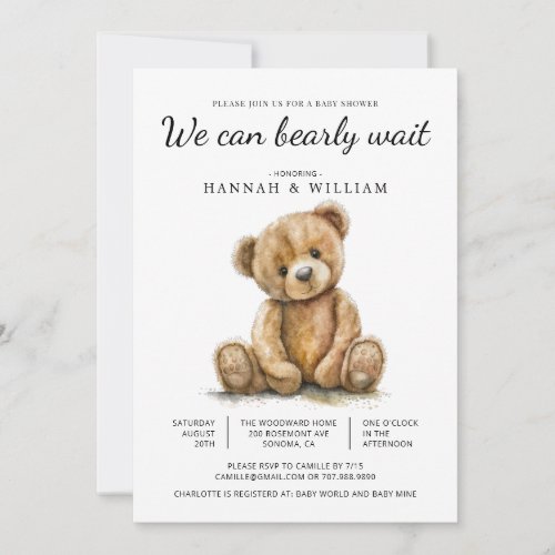 We Can Bearly Wait Teddy Bear Baby Shower Invitation