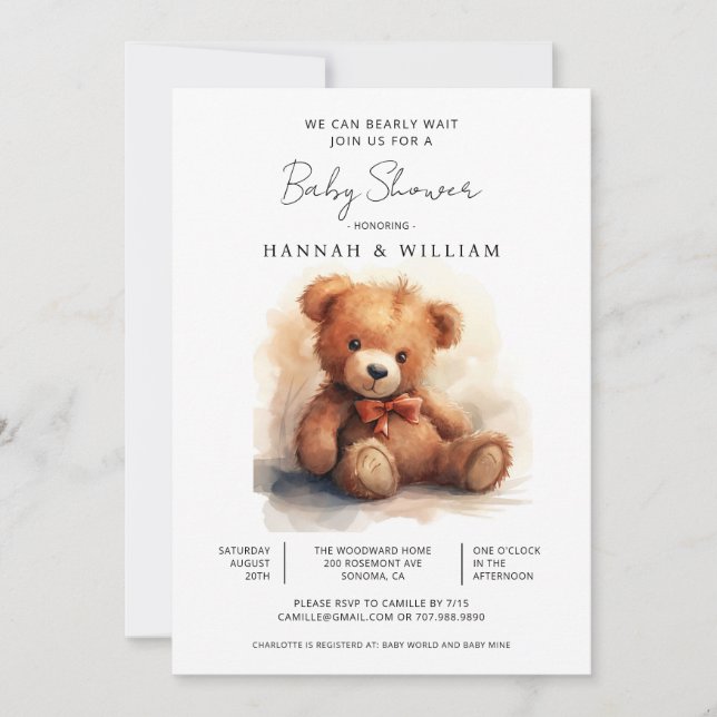 We Can Bearly Wait Teddy Bear Baby Shower Invitation (Front)