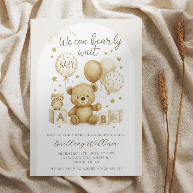 We Can Bearly Wait Teddy Bear Baby Shower Invitation | Zazzle