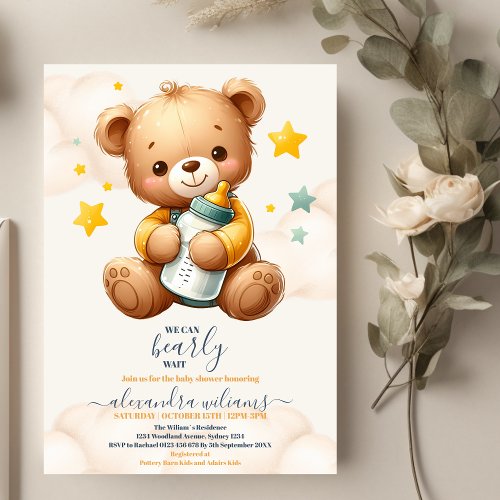 We Can Bearly Wait Teddy Bear  Baby Shower  Invitation