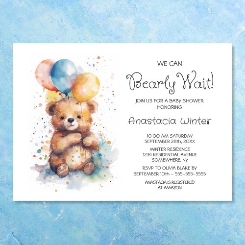 We Can Bearly Wait Teddy Bear Baby Shower Invitation