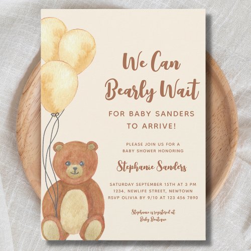 We Can Bearly Wait Teddy Bear Baby Shower Invitation