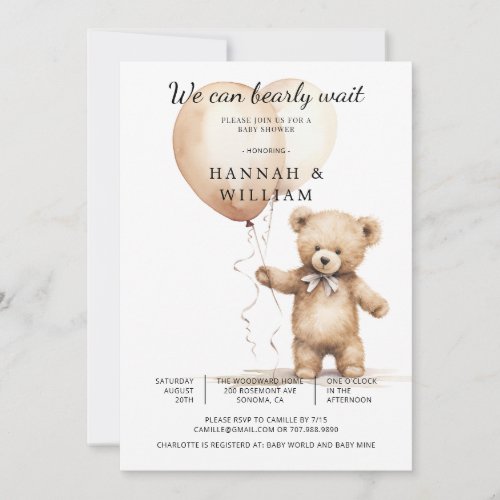 We Can Bearly Wait Teddy Bear Baby Shower Invitation