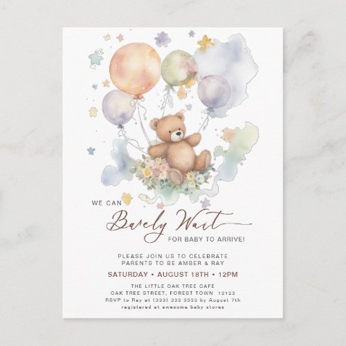 We Can Bearly Wait Teddy Bear Baby Shower  Invitation Postcard