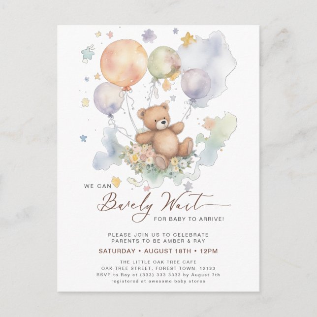 We Can Bearly Wait Teddy Bear Baby Shower  Invitation Postcard (Front)