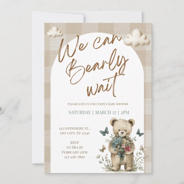 We Can Bearly Wait Teddy Bear Baby Shower Invite (Front)