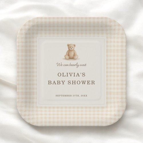 We Can Bearly Wait Teddy Bear Baby Shower Party Paper Plates by Pretty Girly Designs