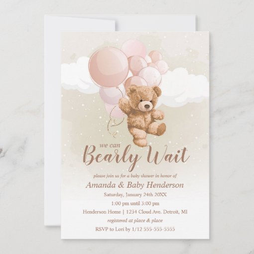 We can Bearly Wait Teddy Bear Baby Shower Pink Invitation | Zazzle