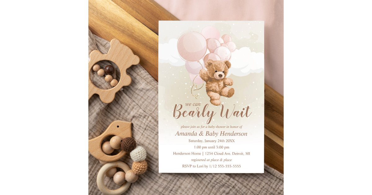 We can Bearly Wait Teddy Bear Baby Shower Pink Invitation | Zazzle