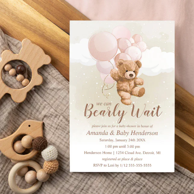 We can Bearly Wait Teddy Bear Baby Shower Pink Invitation | Zazzle