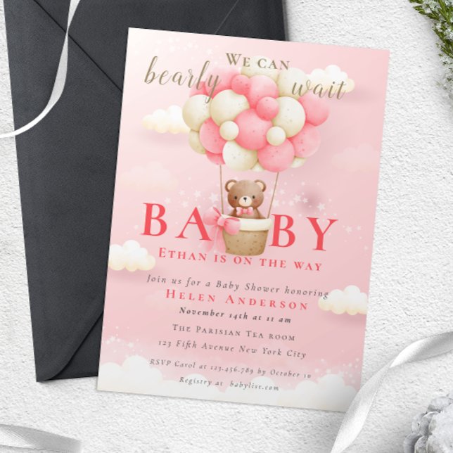We can Bearly Wait Teddy Bear Baby Shower Pink Invitation (Teddy Bear Balloon Girl Bearly Wait Baby Shower Invitation)