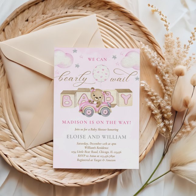 We can Bearly Wait Teddy Bear Baby Shower Pink Invitation (Creator Uploaded)