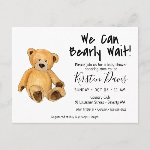 We Can Bearly Wait Teddy Bear Baby Shower Postcard