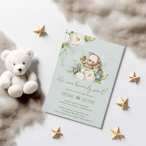 We Can Bearly Wait Teddy Bear Baby Shower Sage  Invitation