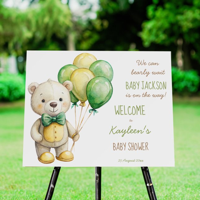 We can bearly wait teddy bear baby shower welcome  foam board (We can bearly wait cute teddy bear baby shower welcome sign board sage green yellow gender neutral)