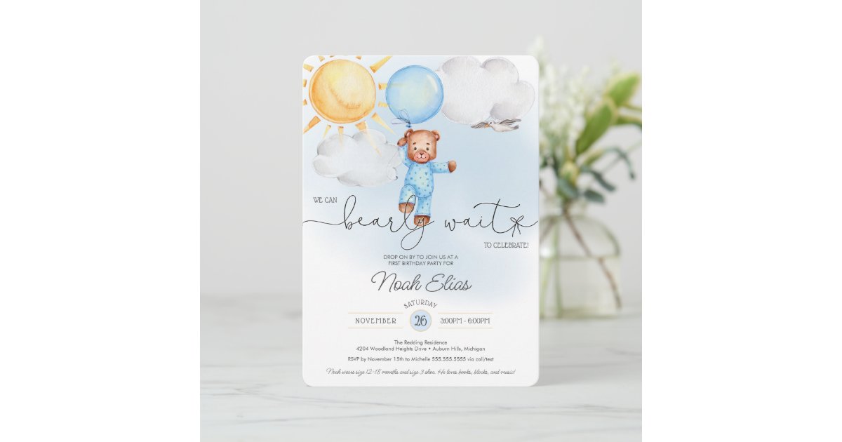We Can Bearly Wait Teddy Bear Balloon 1st Birthday Invitation | Zazzle