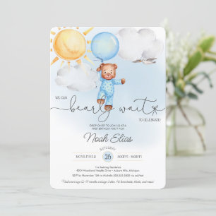 We Can Bearly Wait Teddy Bear Balloon 1st Birthday Invitation