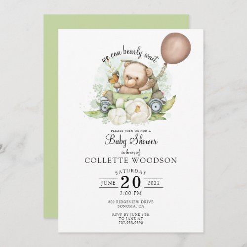 We Can Bearly Wait Teddy Bear Balloon Baby Shower  Invitation