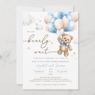 We Can Bearly Wait Teddy Bear Balloon Baby Shower Invitation