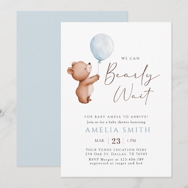 We Can Bearly Wait Teddy Bear Balloon Baby Shower Invitation (Front/Back)