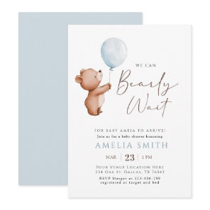 We Can Bearly Wait Teddy Bear Balloon Baby Shower Invitation