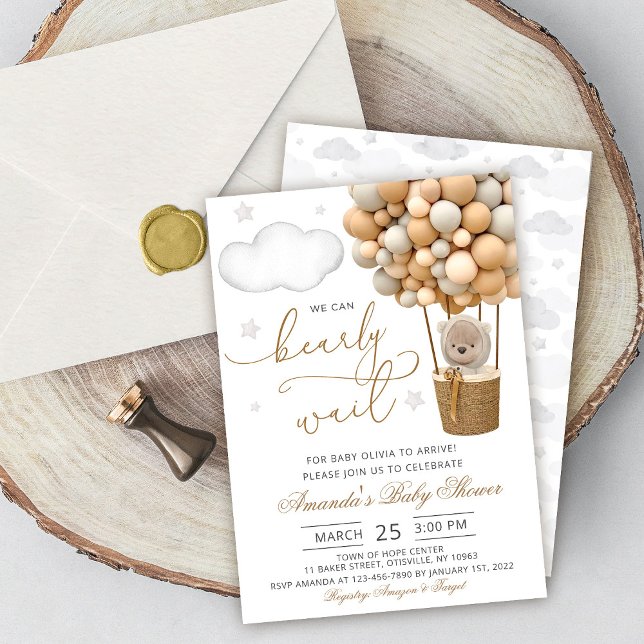 We Can Bearly Wait Teddy Bear Balloon Baby Shower Invitation (Creator Uploaded)