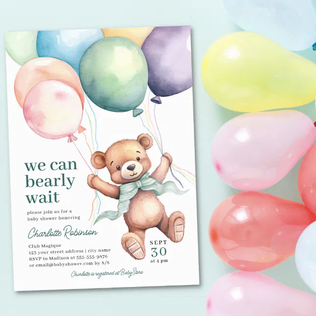 We Can Bearly Wait Teddy Bear Balloon Baby Shower Invitation | Zazzle