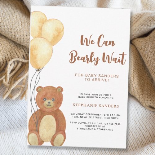 We Can Bearly Wait Teddy Bear Balloon Baby Shower Invitation