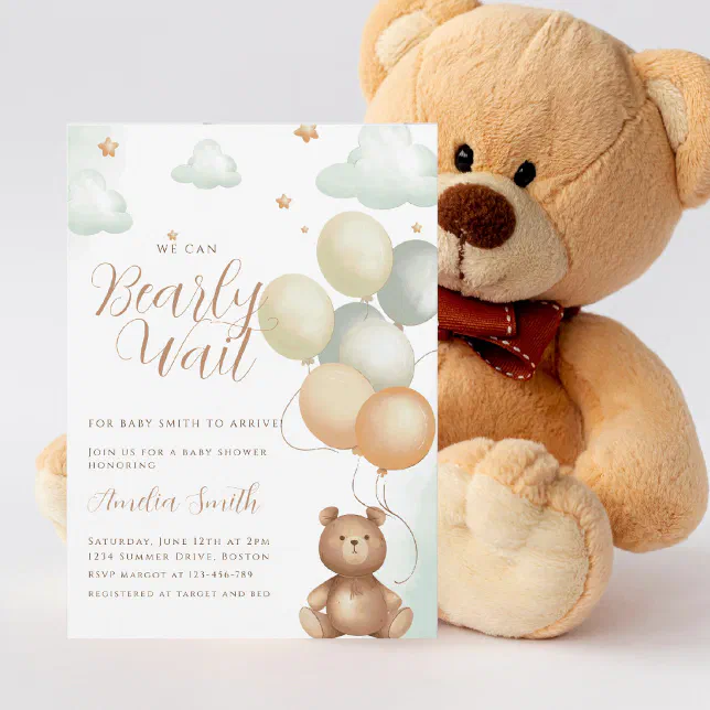 We Can Bearly Wait Teddy Bear Balloon Baby Shower Invitation | Zazzle