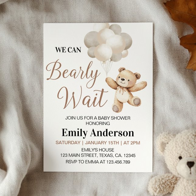 We Can Bearly Wait Teddy Bear Balloon Baby Shower  Invitation (Creator Uploaded)