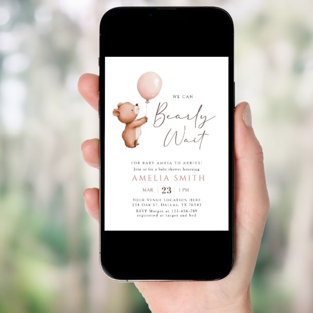 We Can Bearly Wait Teddy Bear Balloon Baby Shower Invitation (Front Digital)