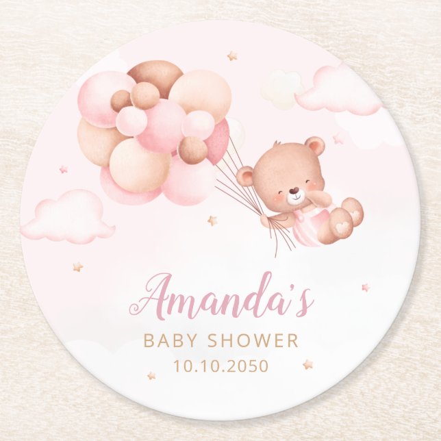 We Can Bearly Wait! Teddy Bear Balloon Baby Shower Round Paper Coaster (Front)