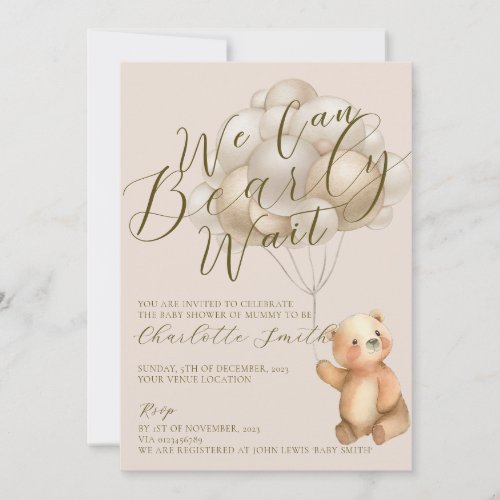 We Can Bearly Wait Teddy Bear Balloons Baby Shower Invitation