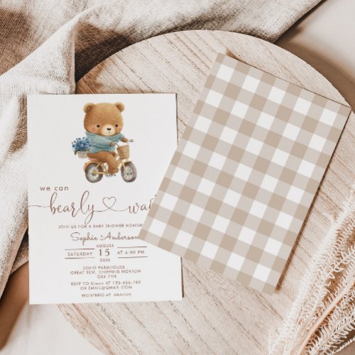 We Can Bearly Wait Teddy Bear Bicycle Baby Shower Invitation