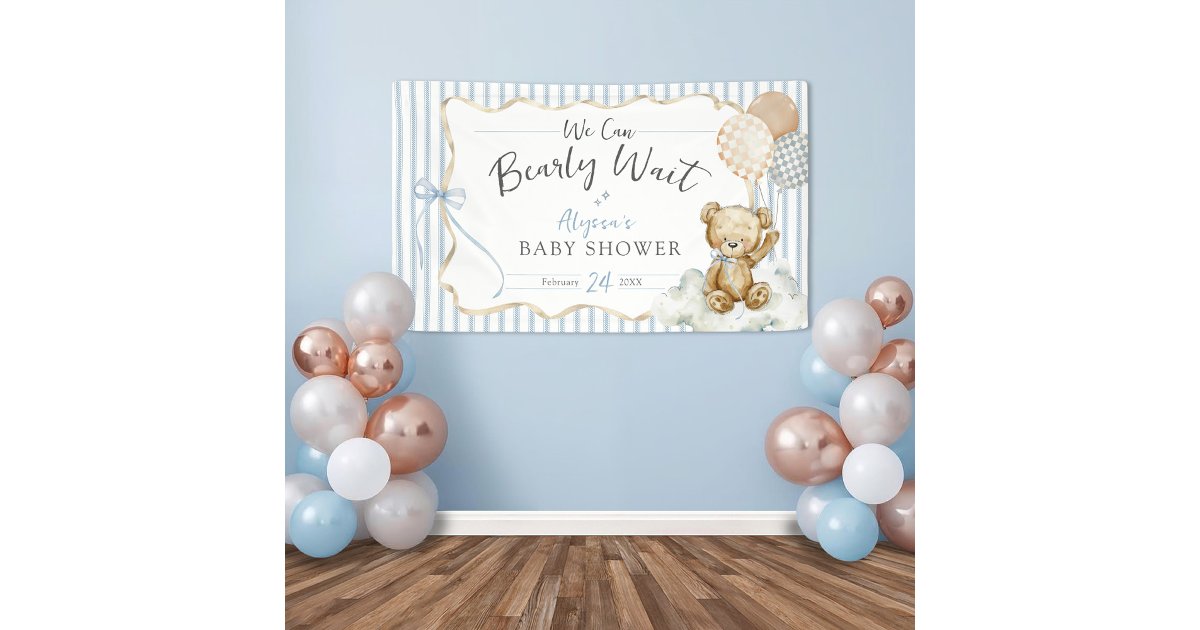 We Can Bearly Wait Teddy Bear Blue Baby Boy Shower Banner | Zazzle