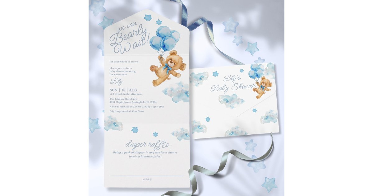 We Can Bearly Wait Teddy Bear Blue Baby Shower All In One Invitation ...