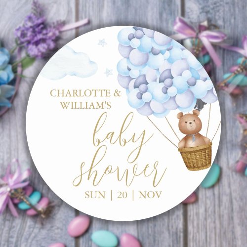 We Can Bearly Wait Teddy Bear Blue Baby Shower Classic Round Sticker