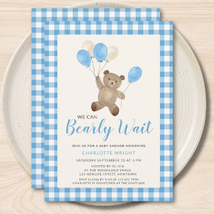 We Can Bearly Wait Teddy Bear Blue Baby Shower Invitation