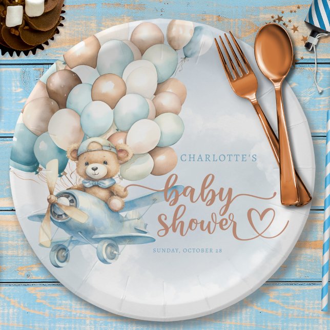 We Can Bearly Wait! Teddy Bear Blue Baby Shower Paper Plates (We can bearly wait baby shower paper plates, party decor, teddy bear, boy baby shower,)