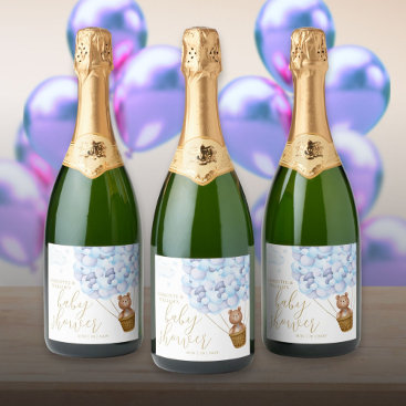 We Can Bearly Wait Teddy Bear Blue Baby Shower Sparkling Wine Label