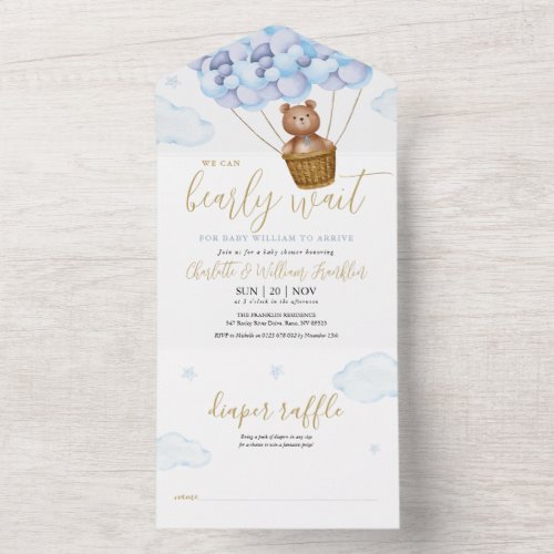 We Can Bearly Wait Teddy Bear Blue Boy Baby Shower All In One Invitation