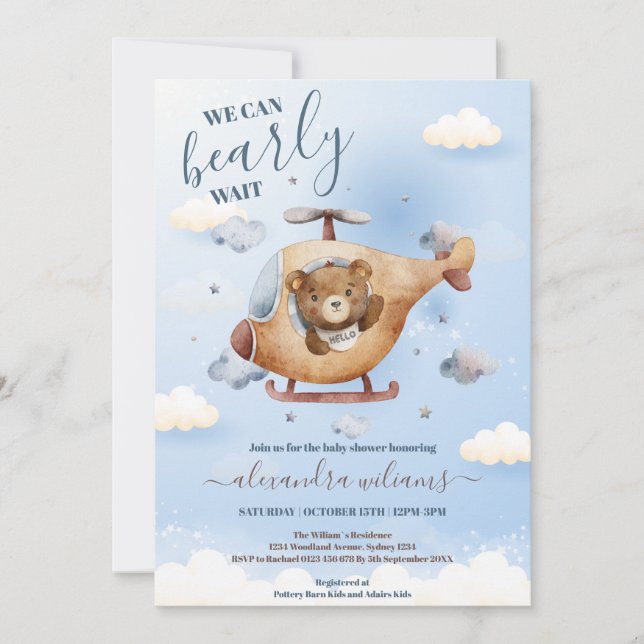 We Can Bearly Wait Teddy Bear Blue Boy Baby Shower Invitation (Front)
