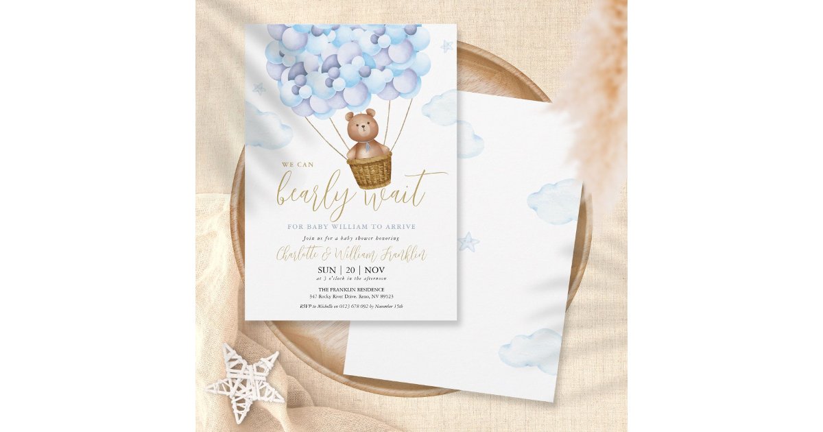 We Can Bearly Wait Teddy Bear Blue Boy Baby Shower Invitation | Zazzle