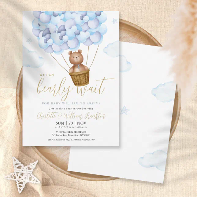 We Can Bearly Wait Teddy Bear Blue Boy Baby Shower Invitation | Zazzle