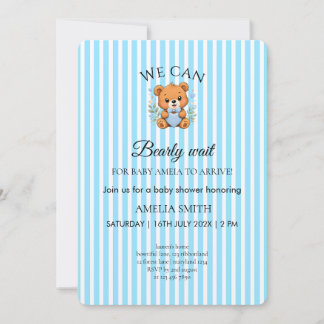 We Can Bearly Wait Teddy Bear Blue stripped Invita Invitation
