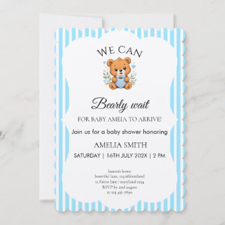 We Can Bearly Wait Teddy Bear Blue stripped Invitation