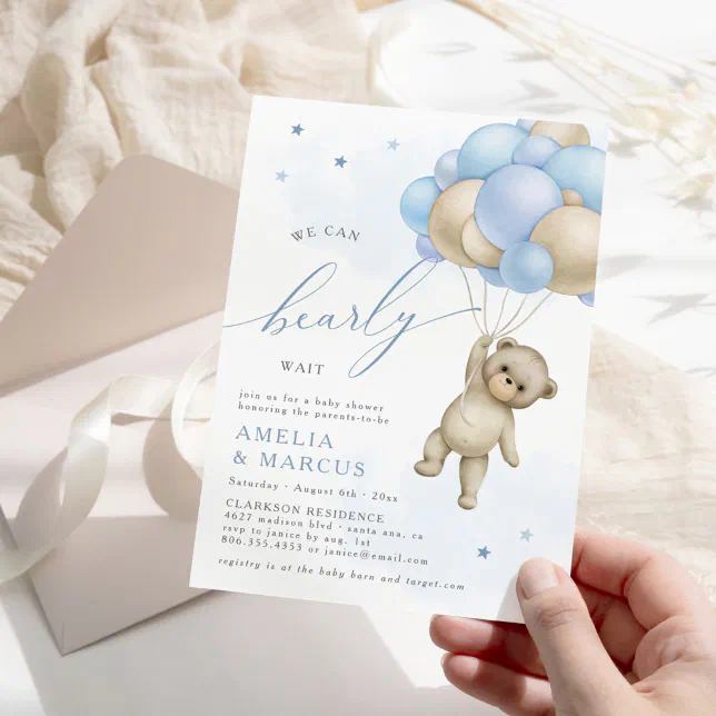 We Can Bearly Wait Teddy Bear Boy Baby Shower Invi Invitation | Zazzle